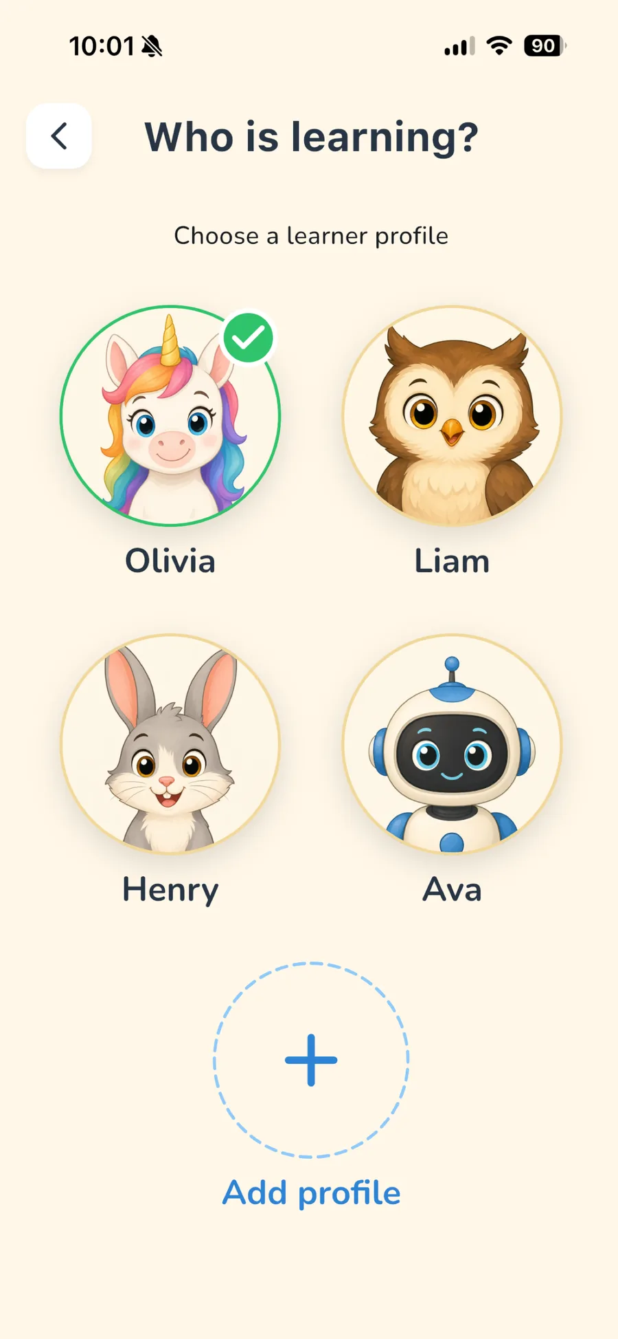 LingoSprout Who is learning screen with multiple child profiles