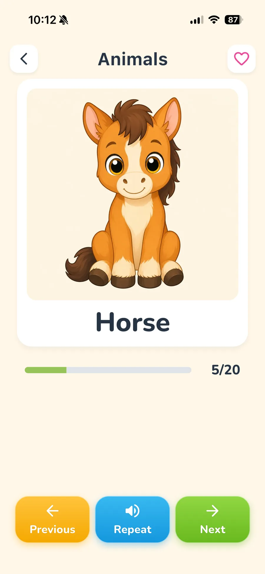 LingoSprout flashcard for Horse in the Animals category