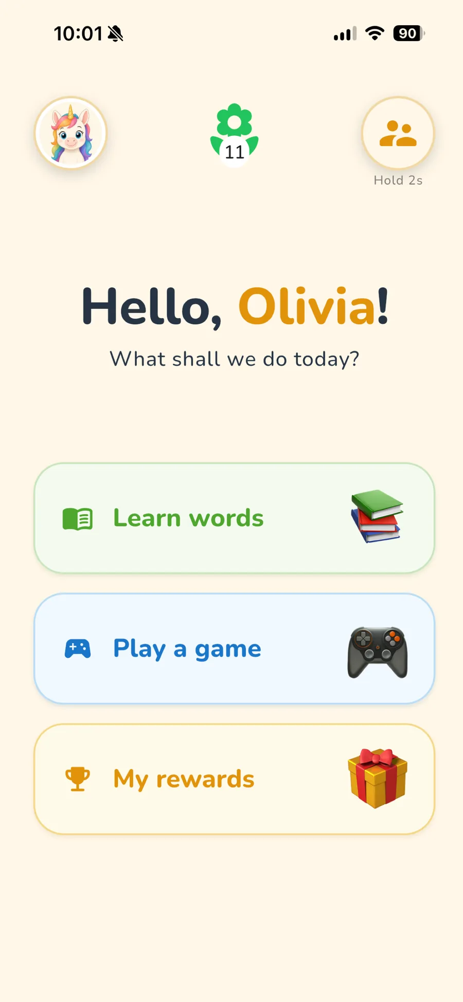 LingoSprout home screen with Learn words, Play a game, and My rewards