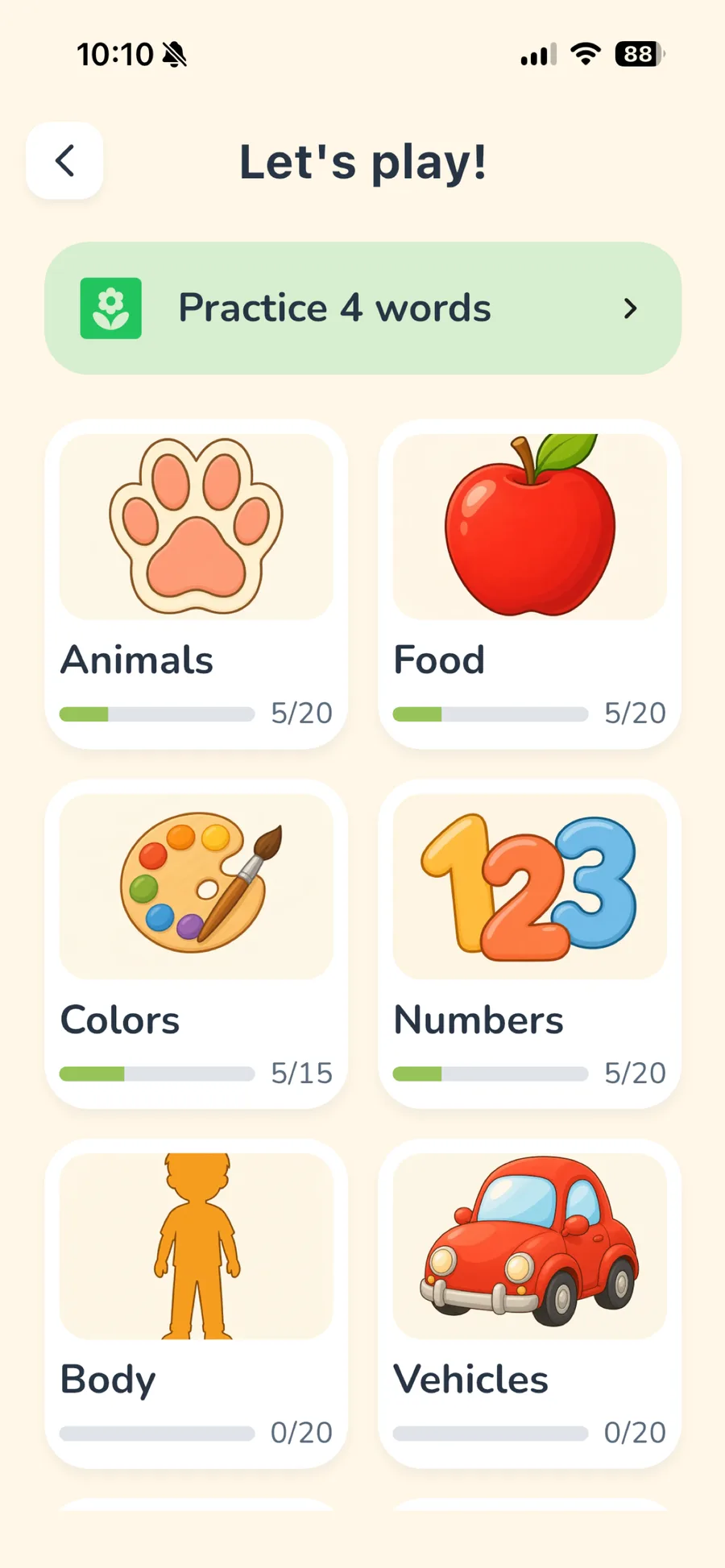 LingoSprout Play hub with game choices and a Practice banner