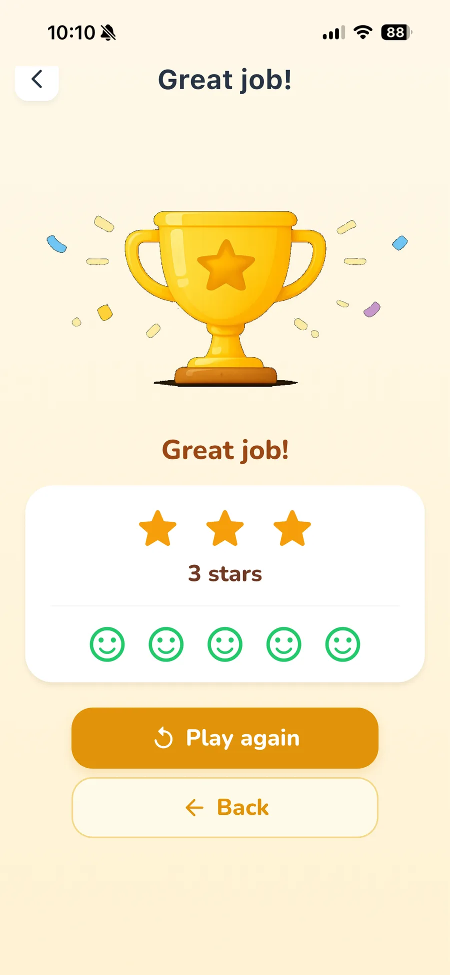 LingoSprout quiz results screen celebrating Great job with stars