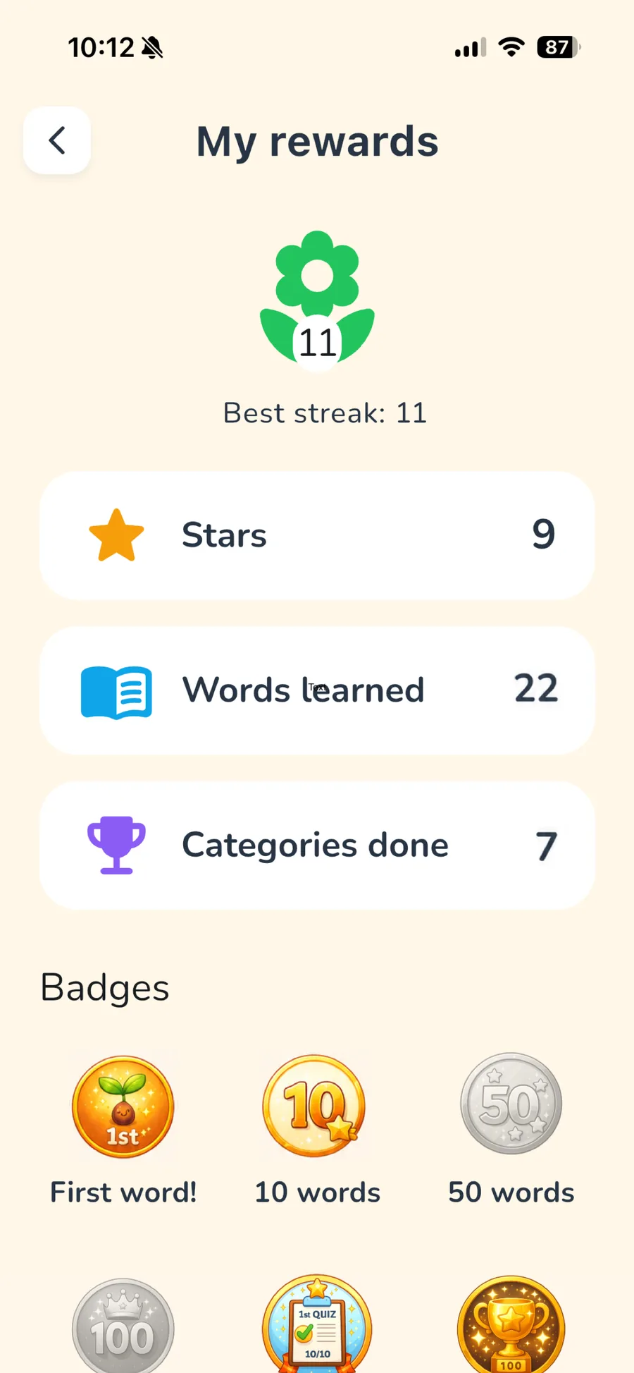LingoSprout My rewards screen with streak flower and badges